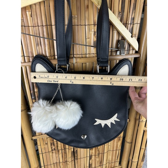 Cute Cat Face Vegan Leather Tote Bag Purse With White Pom Poms - Picture 13 of 14
